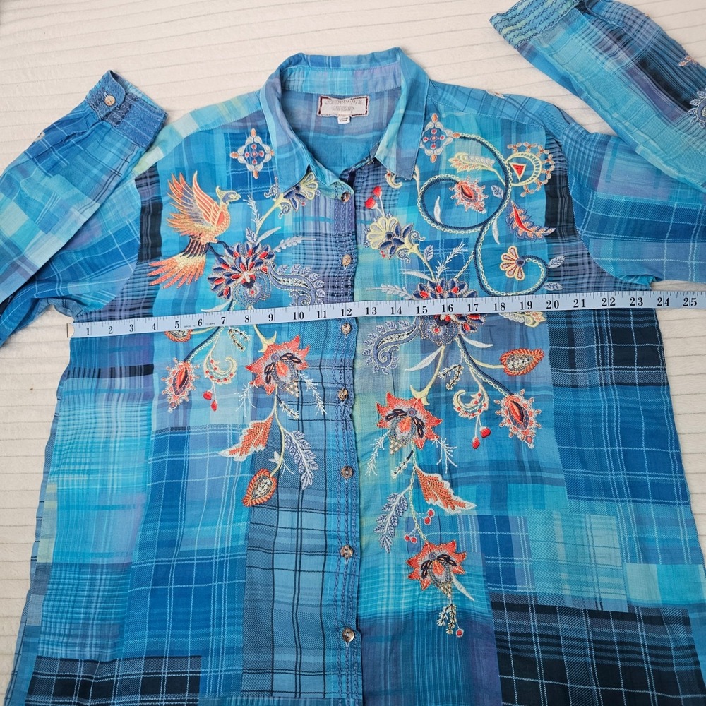 Johnny Was Blue Embroidered Button-Down Shirt - Picture 3 of 13